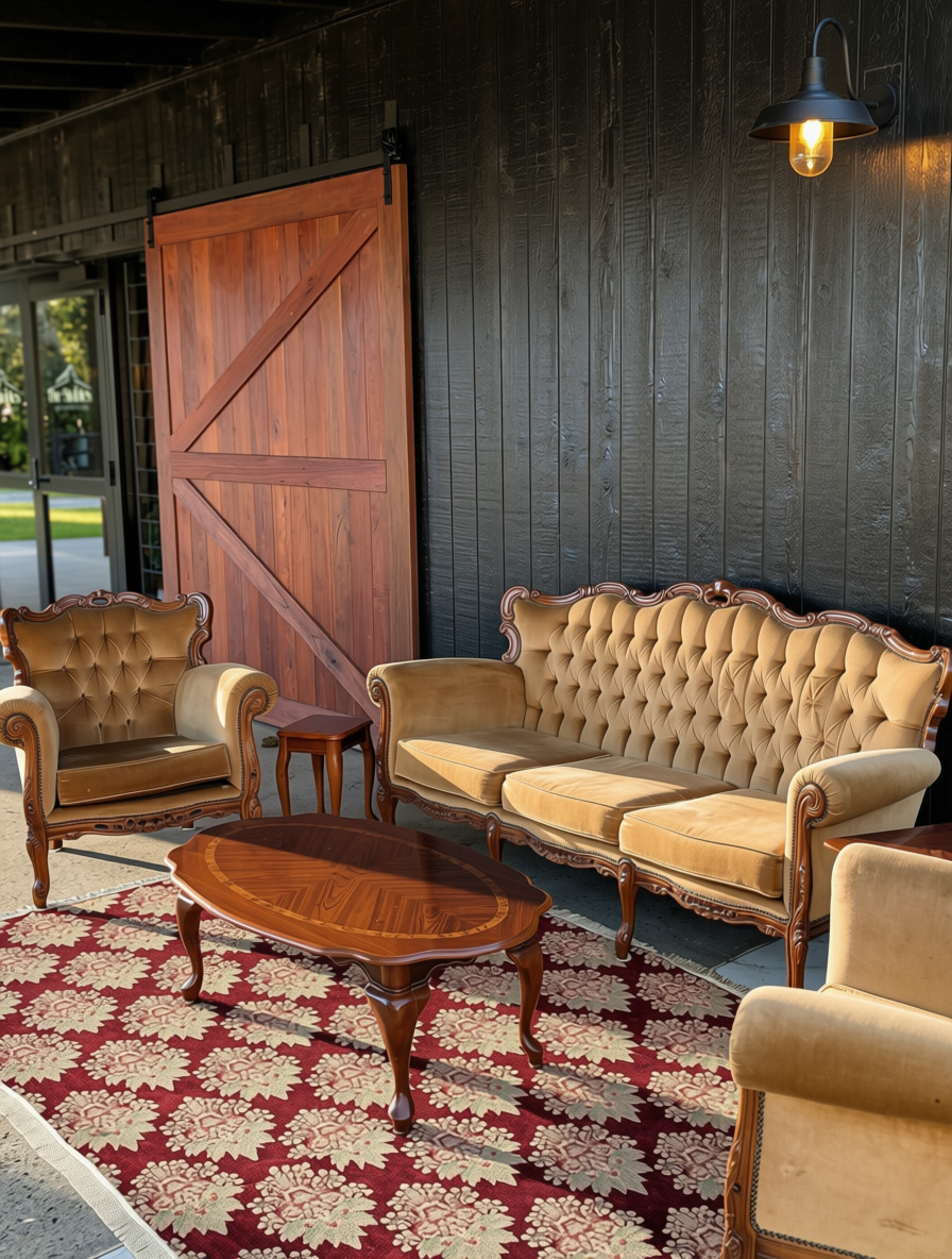 Complete vintage camel velvet lounge setting with matching armchairs and an oval timber coffee table at The Stables Port Stephens