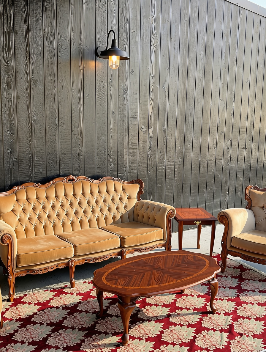 Vintage camel velvet lounge, matching armchair and inlaid oval coffee table styled on a red patterned rug against a dark timber wall at The Stables Port Stephens