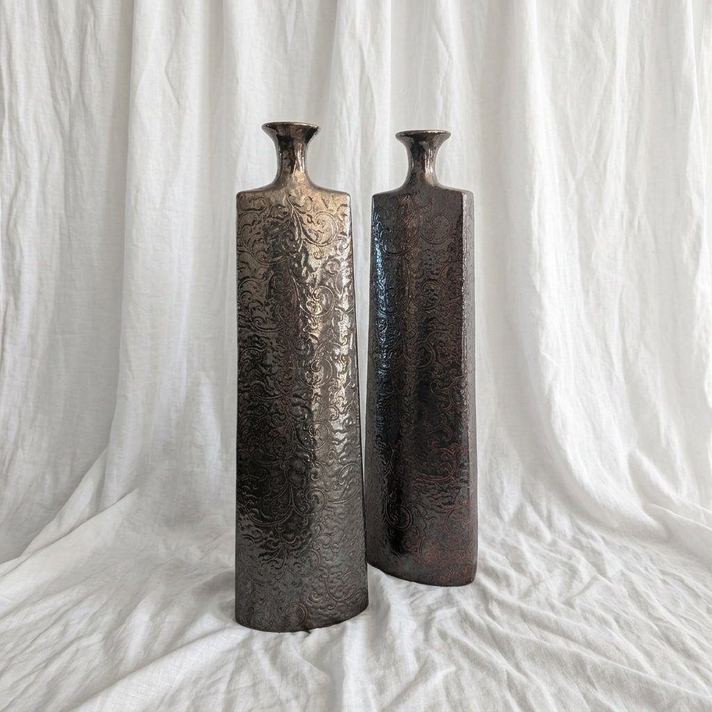Embossed Metallic Vase Pair